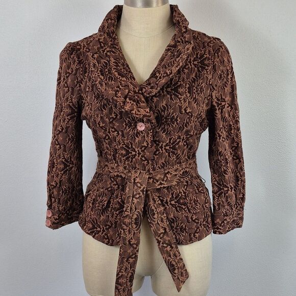 Vintage 90s Y APPAREL Women's Jacket Self Belt Standup Ruffle Collar Brown Small - Picture 1 of 15